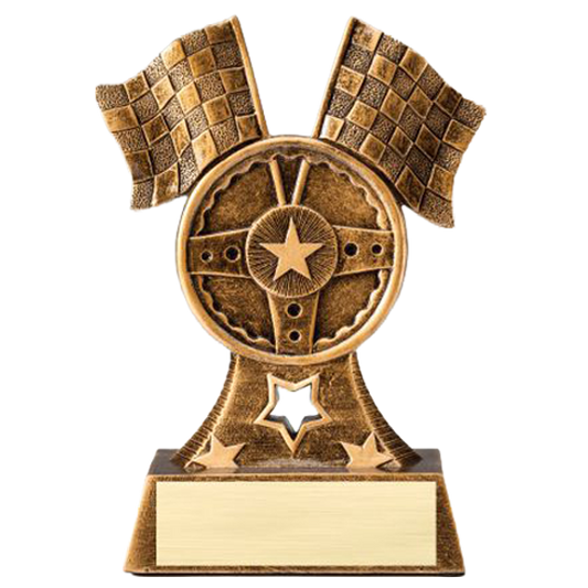 Racing Trophy | Flags and Wheel | Personalized Racing Award | 6.75 Inches Tall