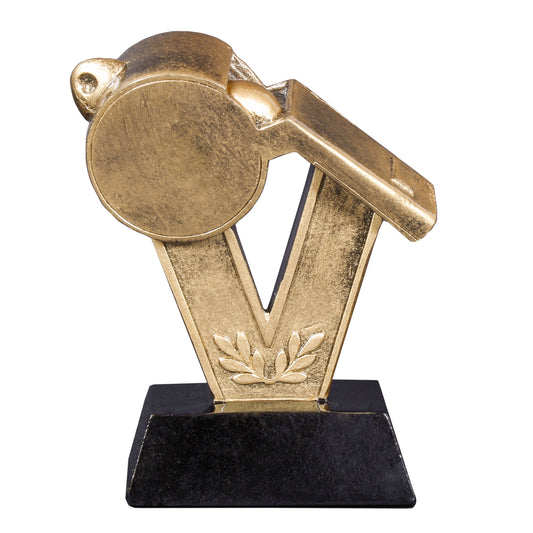 Coach Whistle Trophy, Gold on Black Base | Engraved Whistle Award - 5.75 Inch Tall Decade Awards