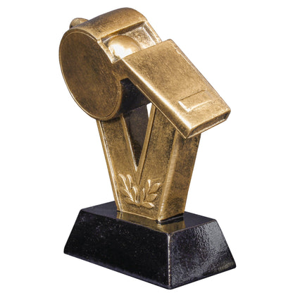 Coach Whistle Trophy, Gold on Black Base | Engraved Whistle Award - 5.75 Inch Tall Decade Awards
