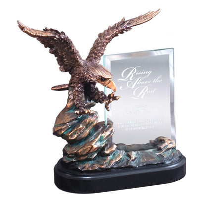 Eagle on Rock Story Glass Award | Personalized Eagle Trophy | 9.5 Inches Tall