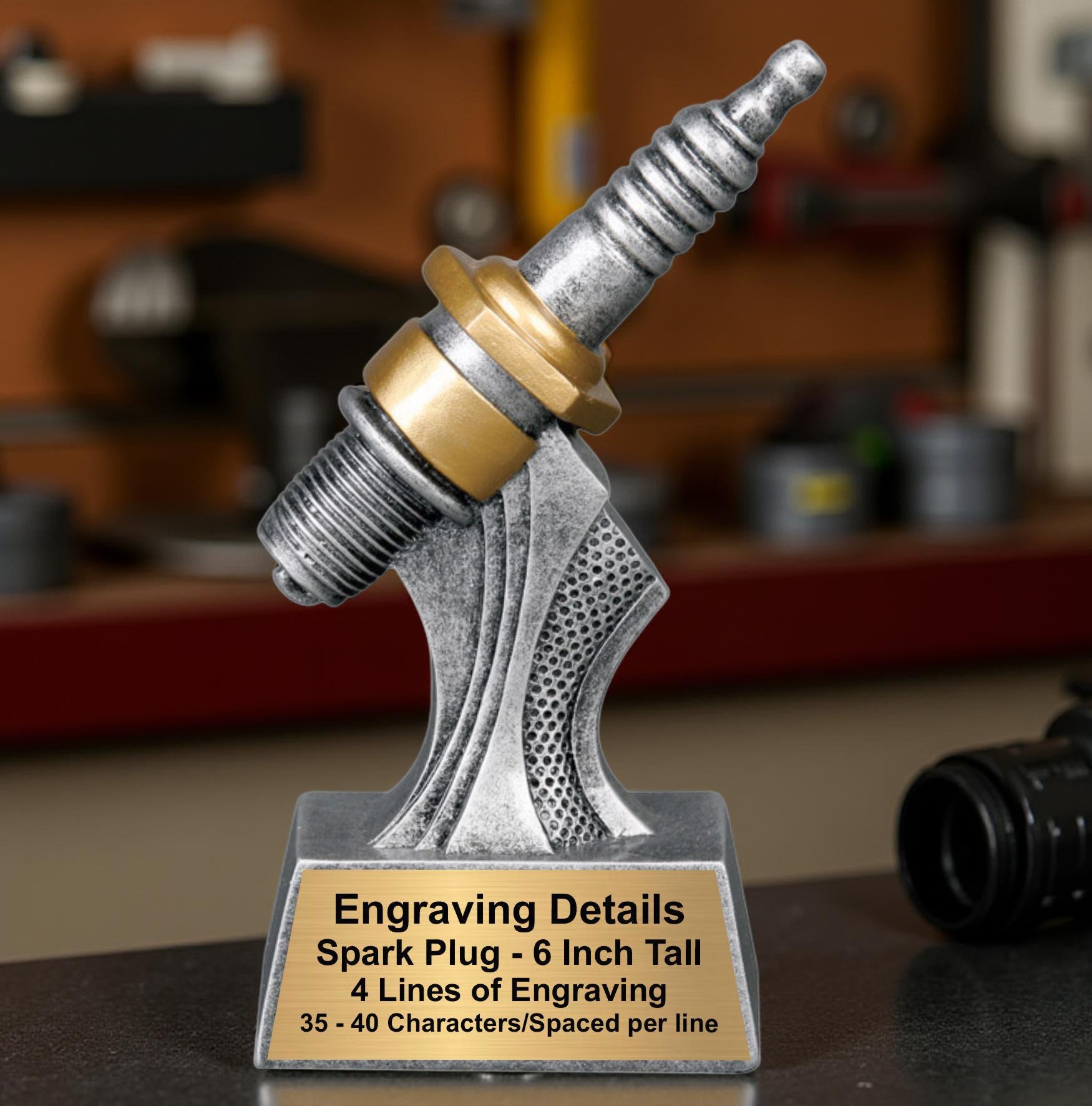 Spark Plug Trophy - Engraved Mechanic Award - 6 Inch Tall Decade Awards