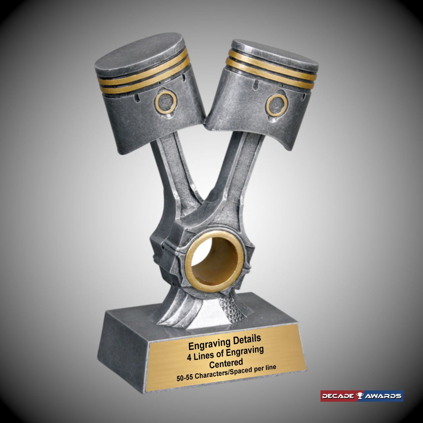 Automotive Trophy, Double Piston - Silver with Gold Accents | Engraved Mechanic Award - 8.25 Inch Tall Decade Awards