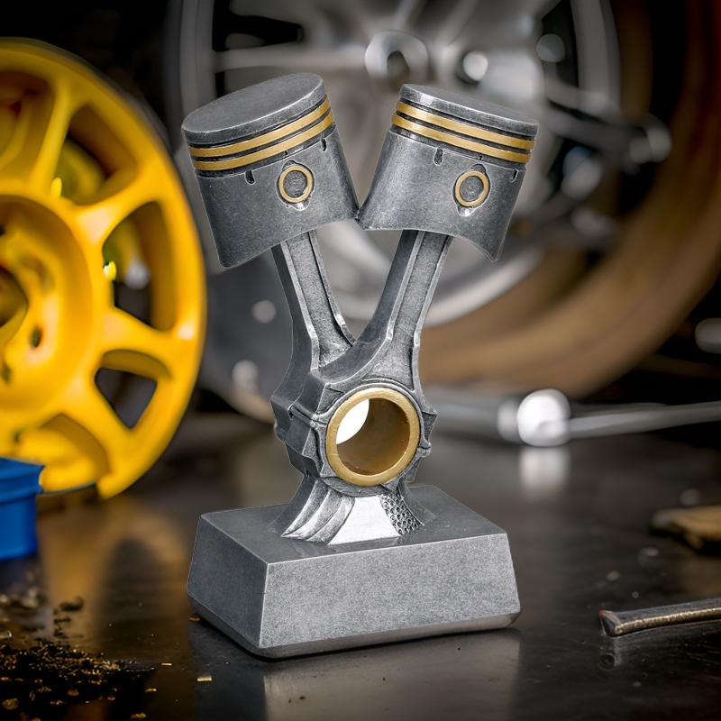 Automotive Trophy, Double Piston - Silver with Gold Accents | Engraved Mechanic Award - 8.25 Inch Tall Decade Awards