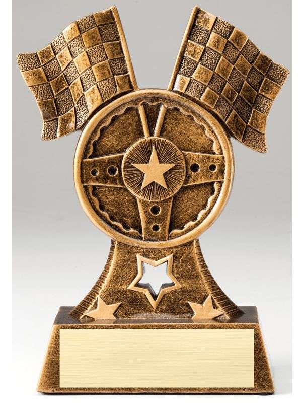 Racing Flags & Wheel Trophy | Engraved Racing Award - 6.75 Inch Tall Decade Awards