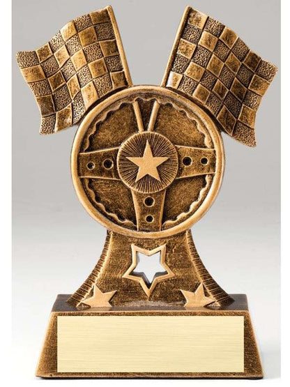 Racing Flags & Wheel Trophy | Engraved Racing Award - 6.75 Inch Tall Decade Awards