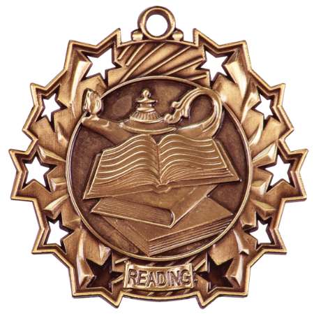 Reading Ten Star Medal - Gold, Silver or Bronze | Engraved Literacy 10 Star Medallion | 2.25 Inch Wide Decade Awards