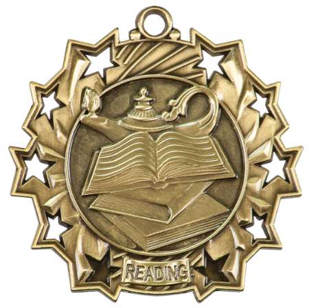 Reading Ten Star Medal - Gold, Silver or Bronze | Engraved Literacy 10 Star Medallion | 2.25 Inch Wide Decade Awards