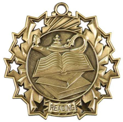 Reading Ten Star Medal - Gold, Silver or Bronze | Engraved Literacy 10 Star Medallion | 2.25 Inch Wide Decade Awards