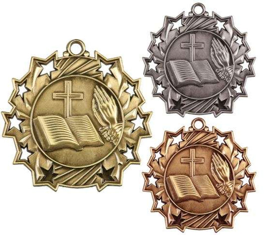 Religion Ten Star Medal - Gold, Silver or Bronze | Engraved Faith 10 Star Medallion | 2.25 Inch Wide Decade Awards