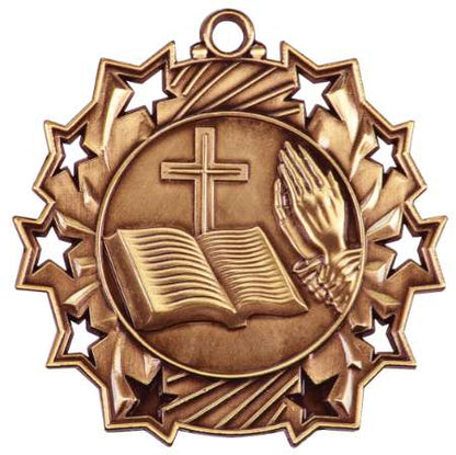 Religion Ten Star Medal - Gold, Silver or Bronze | Engraved Faith 10 Star Medallion | 2.25 Inch Wide Decade Awards