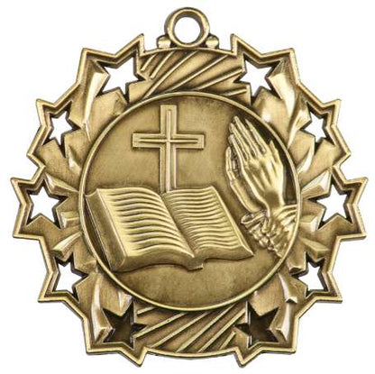 Religion Ten Star Medal - Gold, Silver or Bronze | Engraved Faith 10 Star Medallion | 2.25 Inch Wide Decade Awards