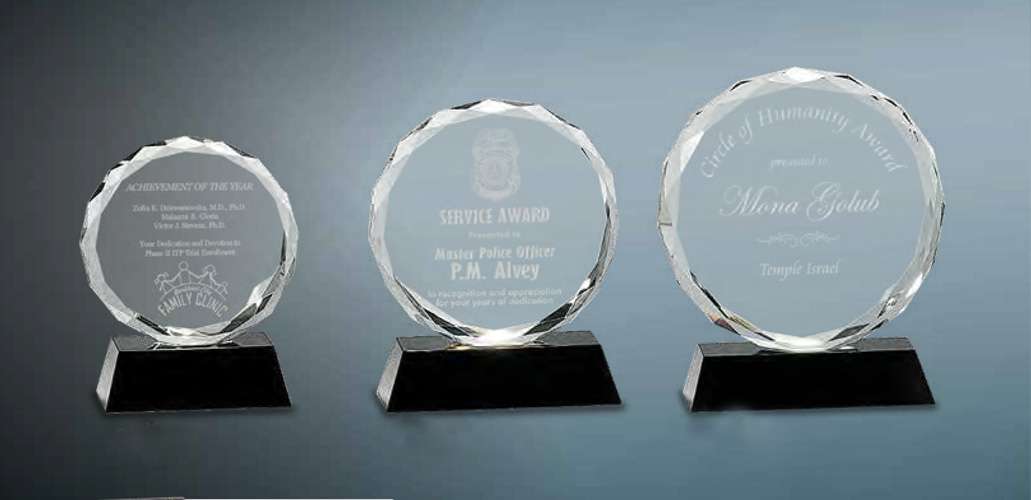 Round Facet Crystal on Black Base | Engraved Crystal Corporate Award - 5, 6 or 7 Inch Tall Decade Awards