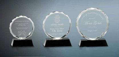 Round Facet Crystal on Black Base | Engraved Crystal Corporate Award - 5, 6 or 7 Inch Tall Decade Awards