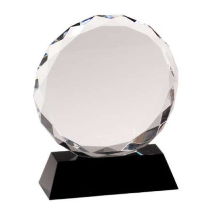 Round Facet Crystal on Black Base | Engraved Crystal Corporate Award - 5, 6 or 7 Inch Tall Decade Awards