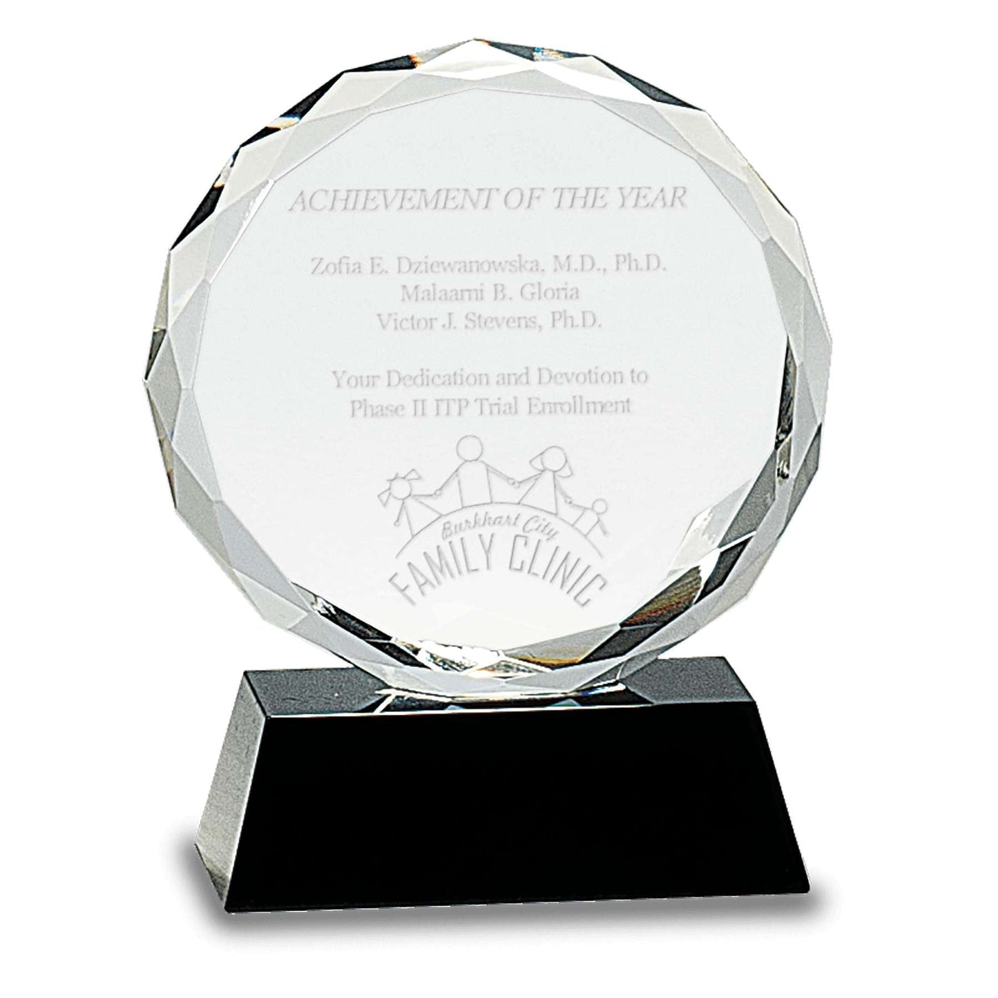 Round Facet Crystal on Black Base | Engraved Crystal Corporate Award - 5, 6 or 7 Inch Tall Decade Awards