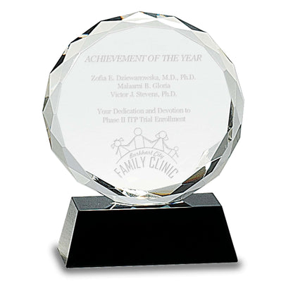 Round Facet Crystal on Black Base | Engraved Crystal Corporate Award - 5, 6 or 7 Inch Tall Decade Awards