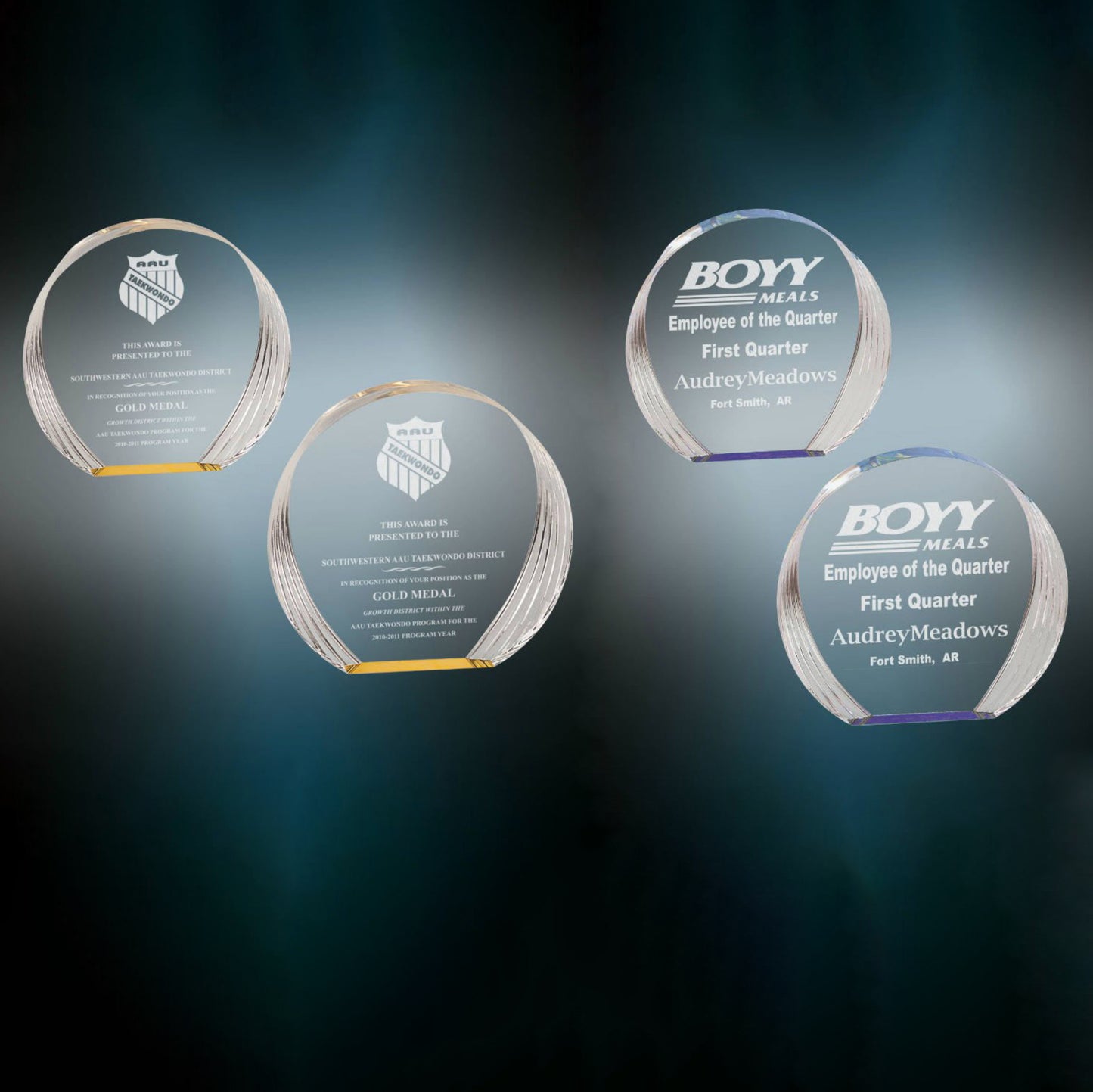 Round Acrylic Trophy | Blue or Gold | Personalized Corporate Award | 5.375 or 6.5 Inches Tall