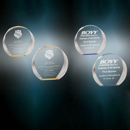 Round Acrylic Trophy | Blue or Gold | Personalized Corporate Award | 5.375 or 6.5 Inches Tall