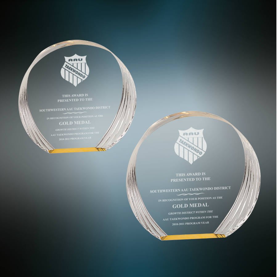Round Acrylic Trophy | Blue or Gold | Personalized Corporate Award | 5.375 or 6.5 Inches Tall