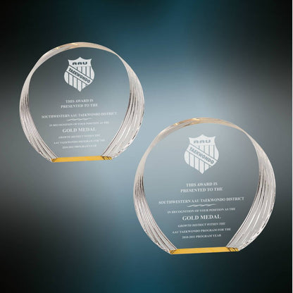 Round Acrylic Trophy | Blue or Gold | Personalized Corporate Award | 5.375 or 6.5 Inches Tall