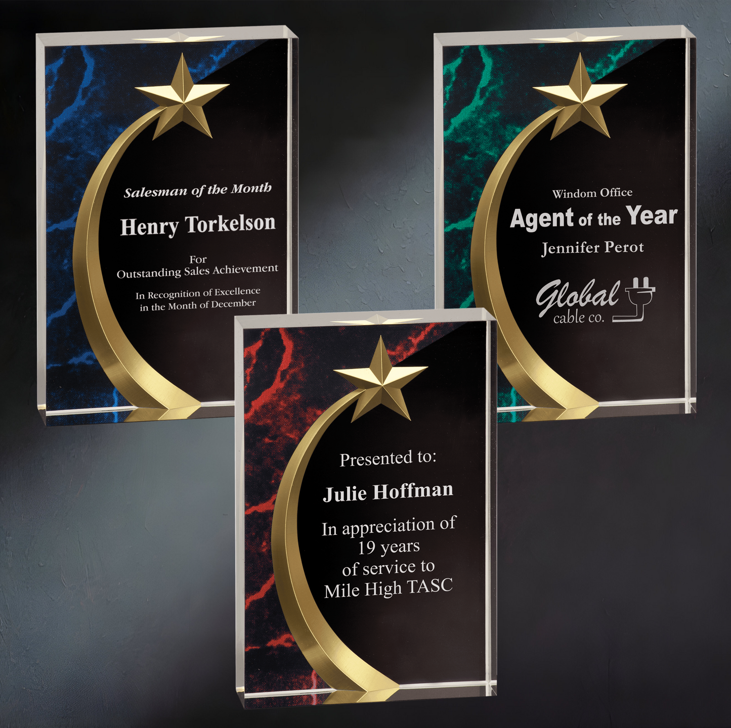 Shooting Star Acrylic Trophy | Blue, Red or Green | Personalized Corporate Award | 6.75 or 7.75 Inches Tall