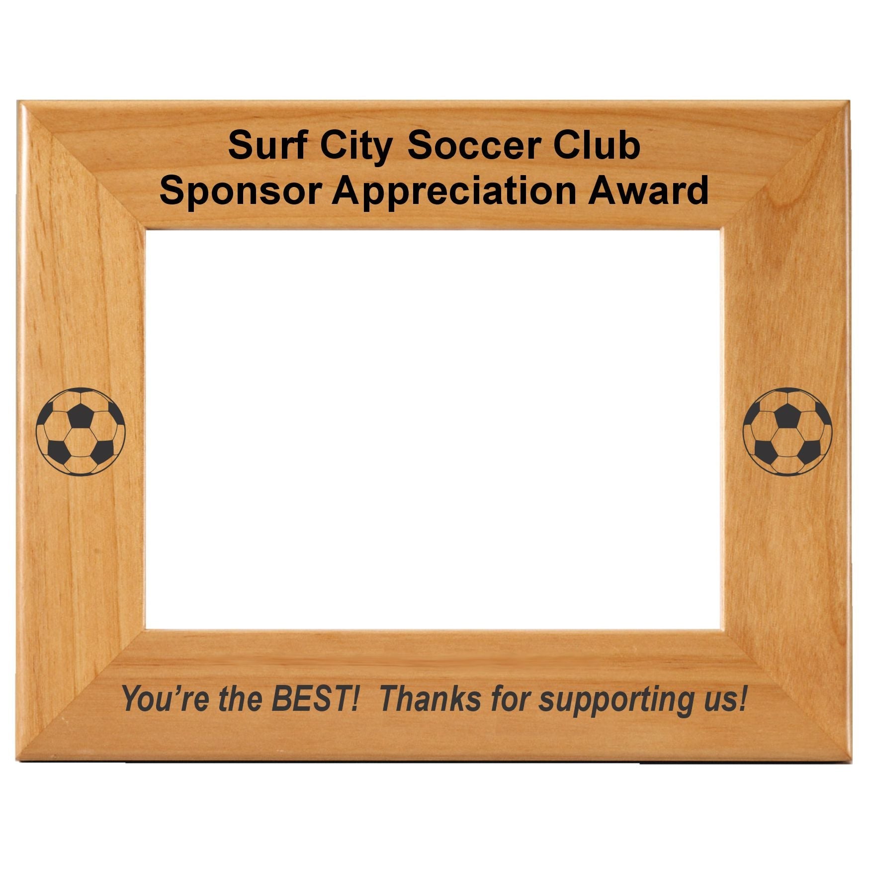 Soccer Sponsor Appreciation Award Picture Frame | Laser Engraved Wood Frame - 3 Sizes Decade Awards