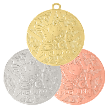 Personalized Spelling Bee Medal with Ribbon | Gold, Silver or Bronze | Superstar Spelling Medal | 2 Inches Wide