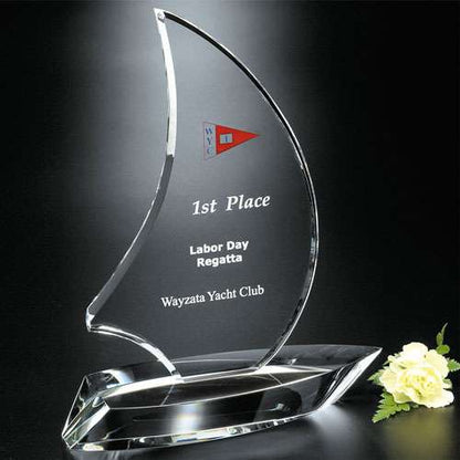 Sailboat Crystal Corporate Award | Engraved Crystal Boat - 8", 9.25" or 11" Decade Awards