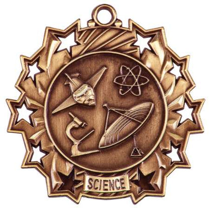 Science Ten Star Medal - Gold, Silver or Bronze | Engraved Scientific 10 Star Medallion - 2.25 Inch Wide Decade Awards