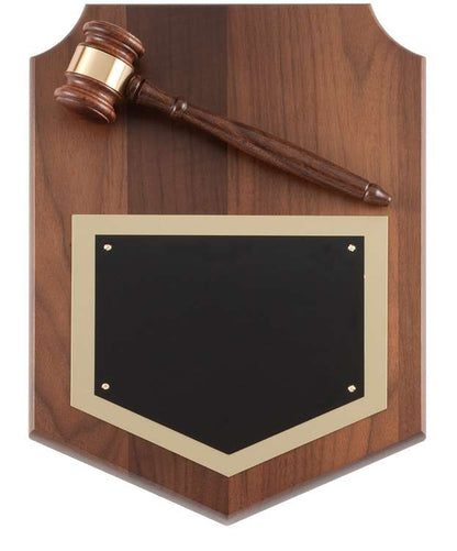 Shield Plaque with Gavel | Engraved Walnut Plaque with Gavel - 9" x 12" Decade Awards