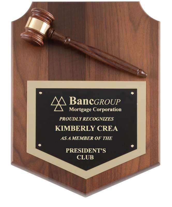 Shield Plaque with Gavel | Engraved Walnut Plaque with Gavel - 9" x 12" Decade Awards