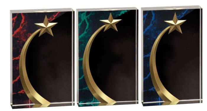 Shooting Star Square Acrylic Trophy - Blue, Red or Green | Engraved Star Corporate Award - 6", 6.75" or 7.75" Decade Awards