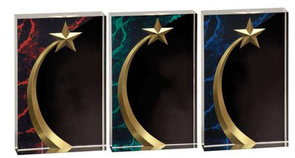 Shooting Star Square Acrylic Trophy - Blue, Red or Green | Engraved Star Corporate Award - 6", 6.75" or 7.75" Decade Awards
