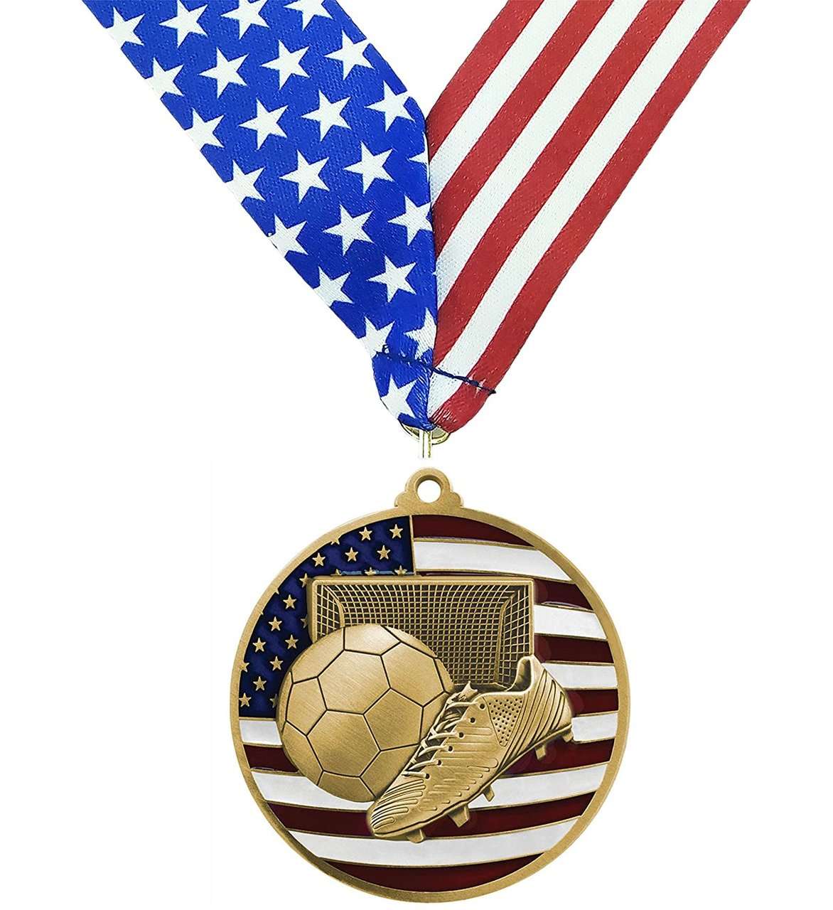 Soccer Patriotic Engraved Medal - Gold, Silver, Bronze | Engraved Soccer Medal - 2.75 Inch Wide Decade Awards