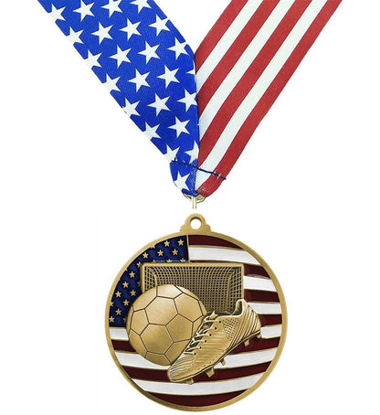 Soccer Patriotic Engraved Medal - Gold, Silver, Bronze | Engraved Soccer Medal - 2.75 Inch Wide Decade Awards