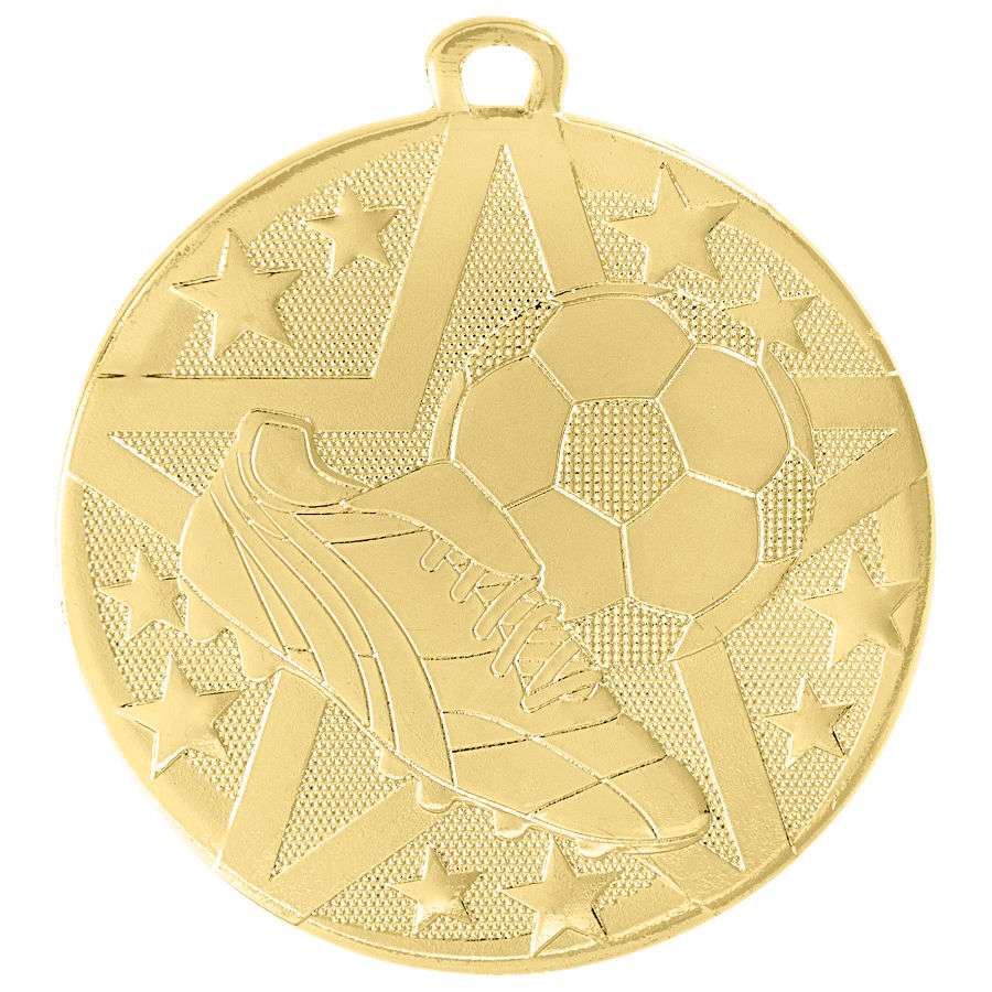 Soccer Superstar Medal - Gold, Silver, or Bronze | Engraved Superstar Futbol Medallion - 2 Inch Wide Decade Awards