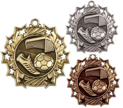 Soccer Ten Star Medal - Gold, Silver or Bronze | Engraved Futbol 10 Star Medallion | 2.25 Inch Wide Decade Awards