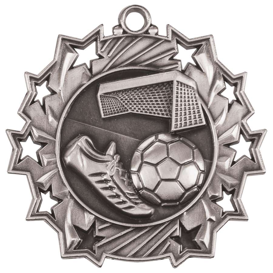 Soccer Ten Star Medal - Gold, Silver or Bronze | Engraved Futbol 10 Star Medallion | 2.25 Inch Wide Decade Awards