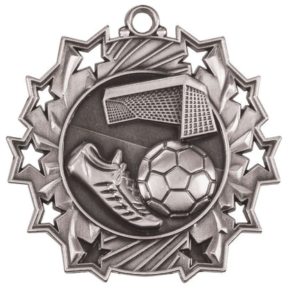 Soccer Ten Star Medal - Gold, Silver or Bronze | Engraved Futbol 10 Star Medallion | 2.25 Inch Wide Decade Awards