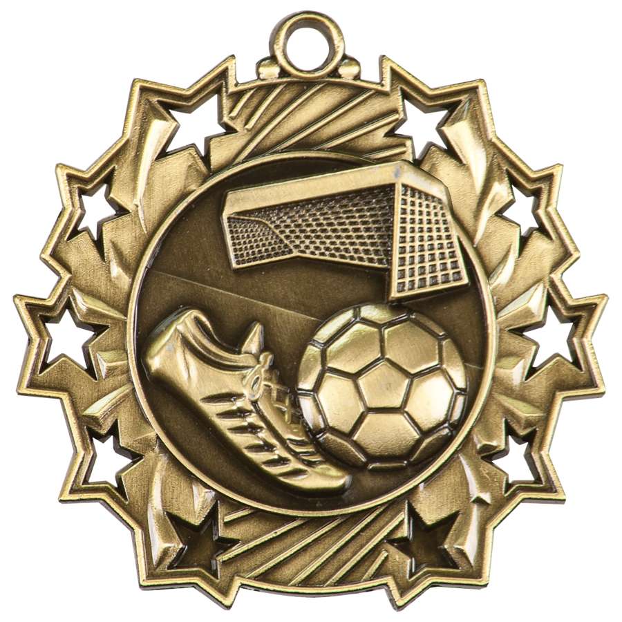 Soccer Ten Star Medal - Gold, Silver or Bronze | Engraved Futbol 10 Star Medallion | 2.25 Inch Wide Decade Awards