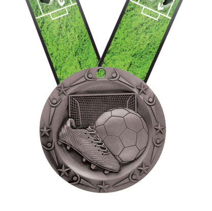 Soccer World Class Medal - Gold, Silver or Bronze | Engraved Futbol Medallion - 3 Inch Wide Decade Awards