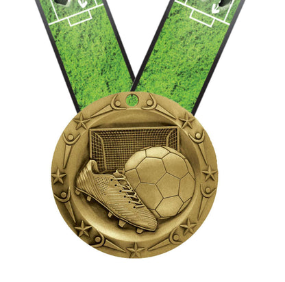 Soccer World Class Medal - Gold, Silver or Bronze | Engraved Futbol Medallion - 3 Inch Wide Decade Awards