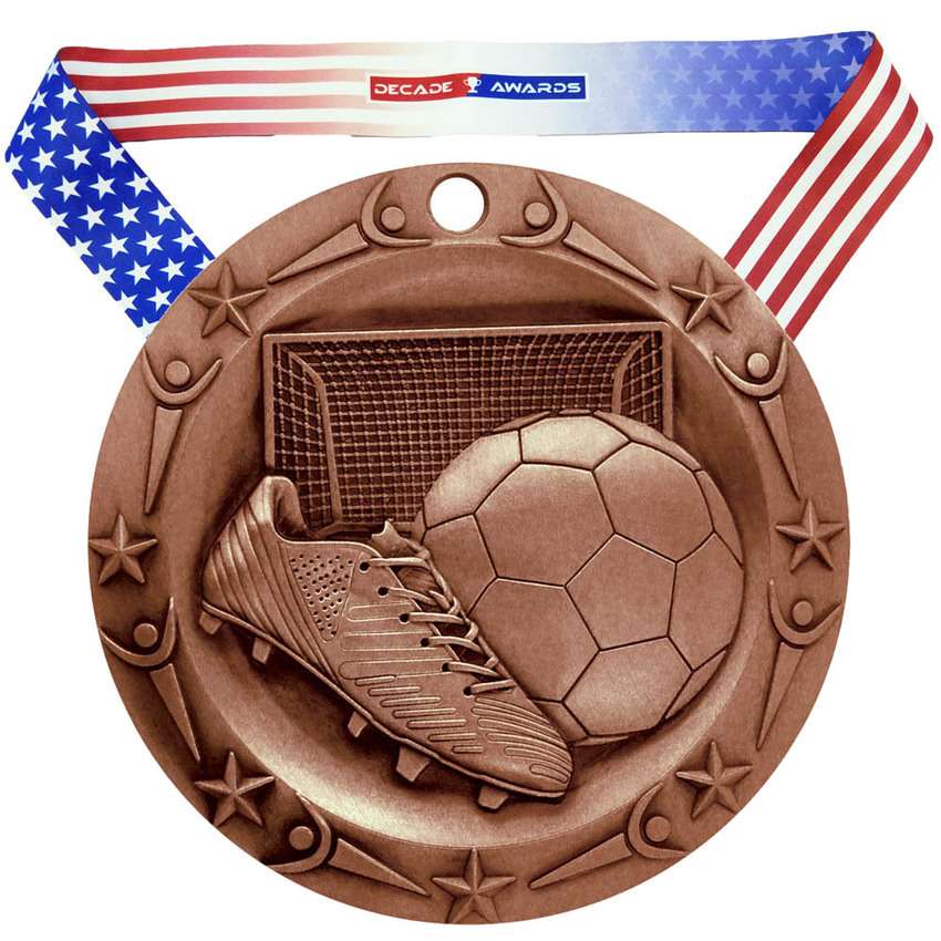 Soccer World Class Medal - Gold, Silver or Bronze | Engraved Futbol Medallion - 3 Inch Wide Decade Awards