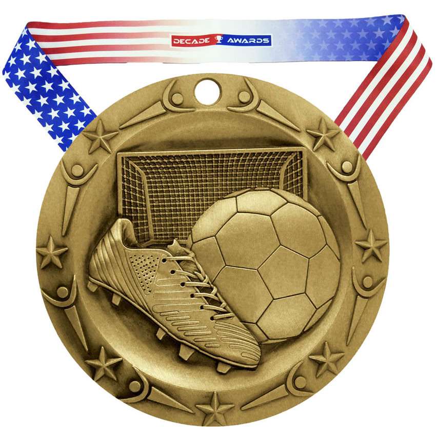 Soccer World Class Medal - Gold, Silver or Bronze | Engraved Futbol Medallion - 3 Inch Wide Decade Awards