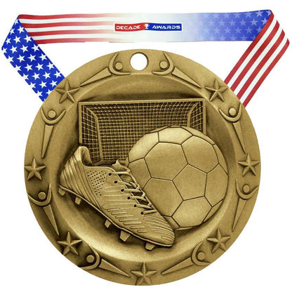 Soccer World Class Medal - Gold, Silver or Bronze | Engraved Futbol Medallion - 3 Inch Wide Decade Awards