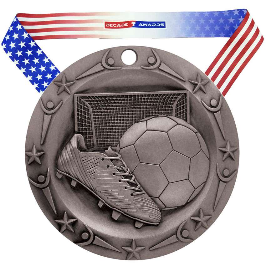 Soccer World Class Medal - Gold, Silver or Bronze | Engraved Futbol Medallion - 3 Inch Wide Decade Awards