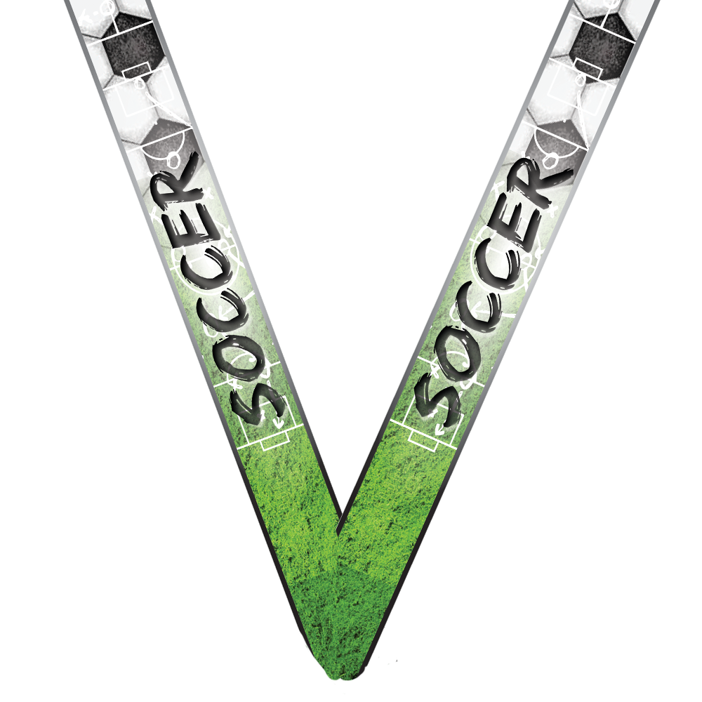 Soccer Dog Tag Medal with Ribbon – Gold Silver or Bronze, free custom engraving for soccer players and coaches by Decade Awards