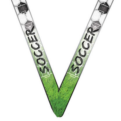 Soccer Dog Tag Medal with Ribbon – Gold Silver or Bronze, free custom engraving for soccer players and coaches by Decade Awards
