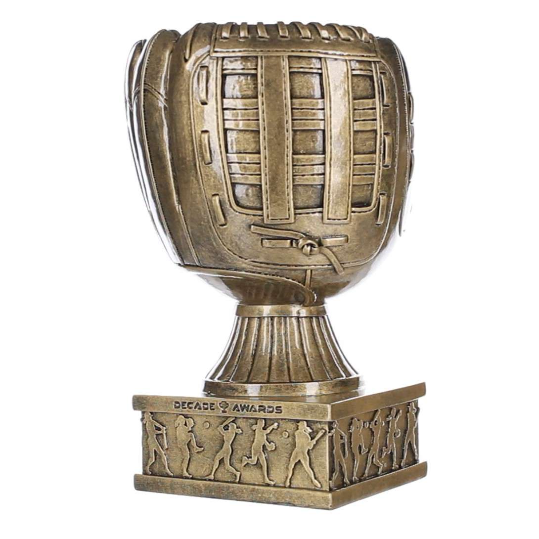 Softball Glove Action Pedestal Trophy | Engraved Gold Slow / Fast Pitch Award - 8 Inch Tall Decade Awards