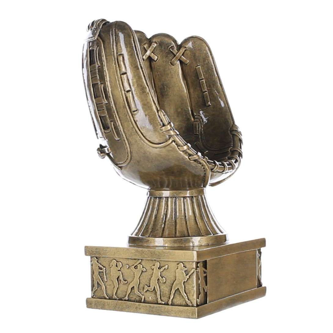 Softball Glove Action Pedestal Trophy | Engraved Gold Slow / Fast Pitch Award - 8 Inch Tall Decade Awards